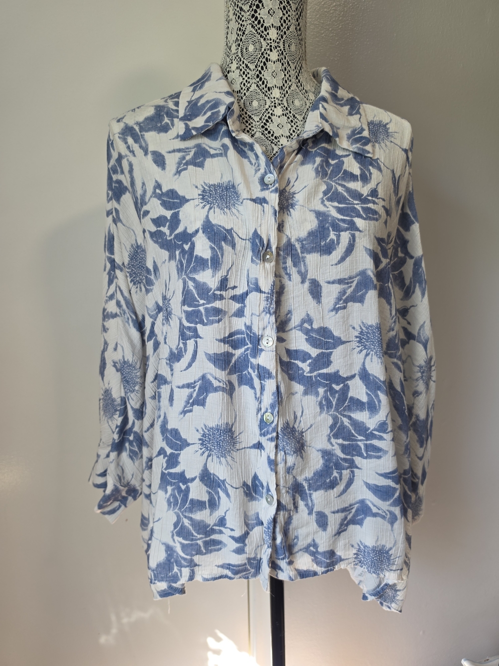Umgee 1XL Blue Floral Oversized Button Down Shirt Boho Tunic Blouse